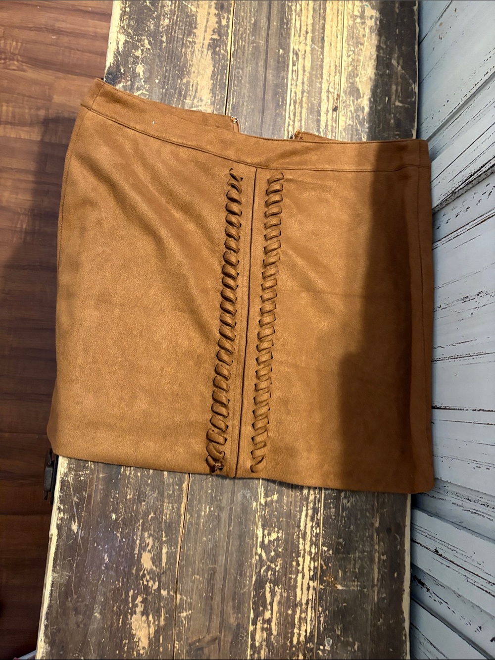 Very J Tan Braided-Front Faux Suede Mini Skirt